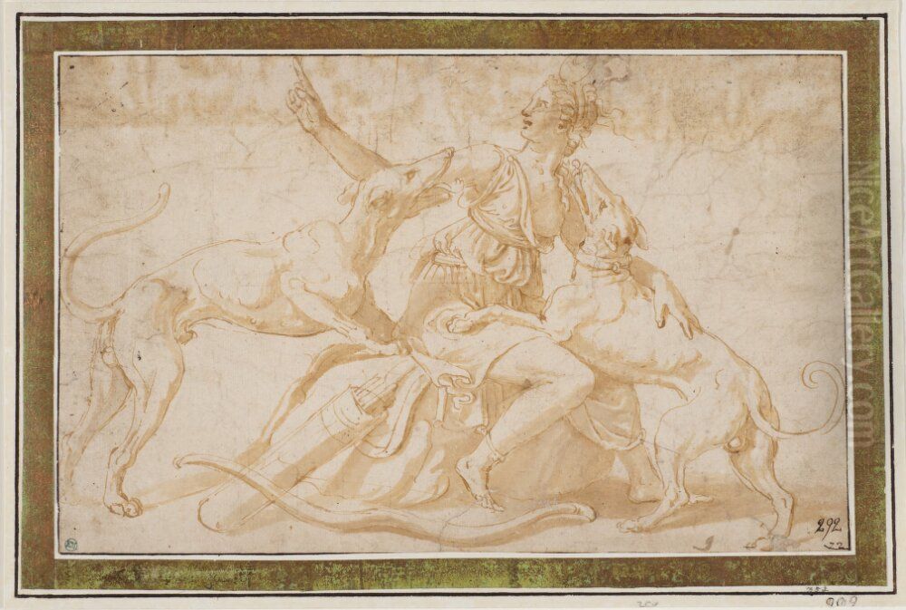 Diana with Two Dogs Oil Painting by Giulio Romano (Orbetto)