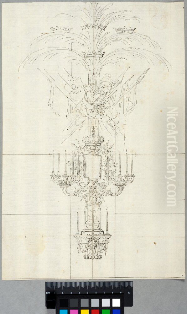 Design for a Pilaster Decoration for a Funeral Shaped Like a Palm with the Three Crowns and a Star Tiara, a Trophy, a Cartouche beneath a Royal Crown and Two Wall Lights Oil Painting by Carl Harleman