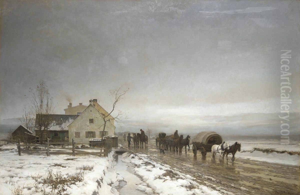 The long and wintery road. Oil Painting by Anders Andersen-Lundby