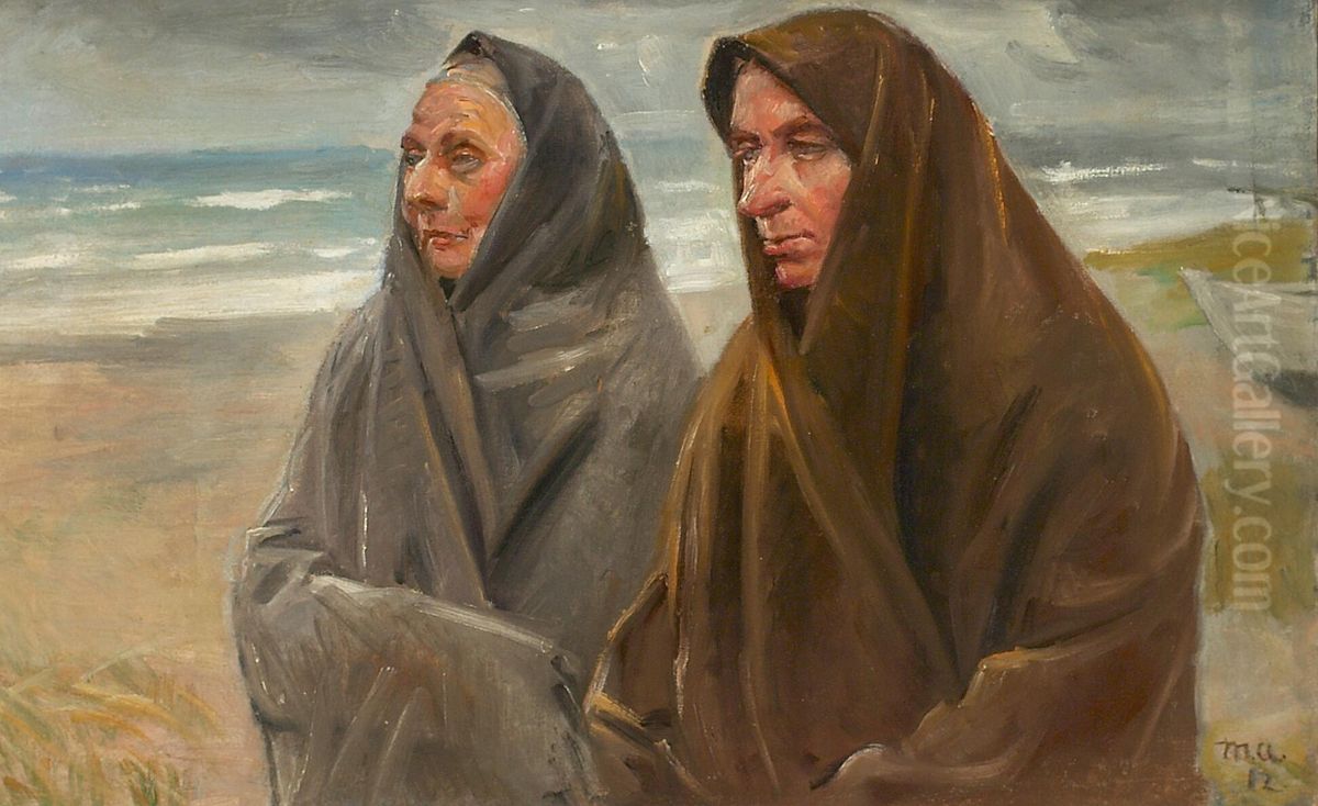 Two wives of fishermen on the beach. Oil Painting by Michael Peter Ancher