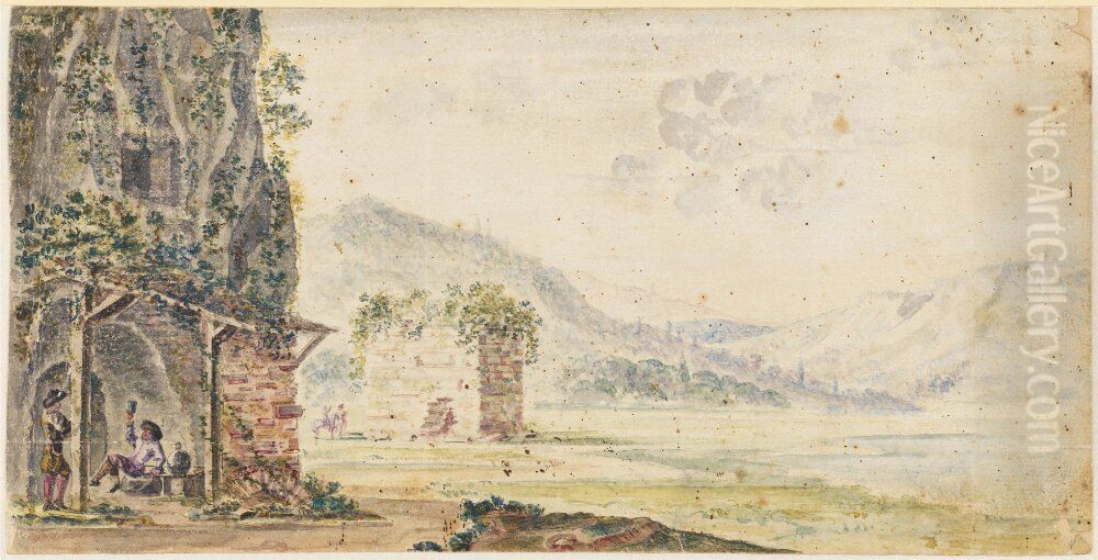 Landskap med vardshus och romargrav Oil Painting by Mathias Palbitzki