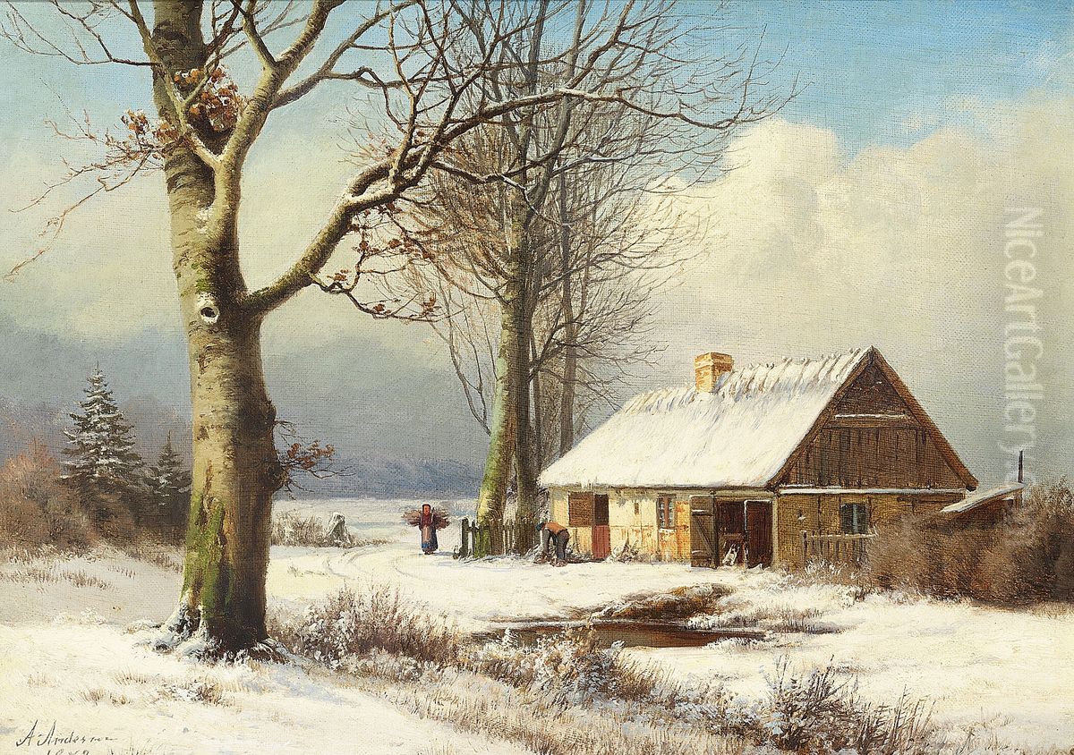 Bringing in the firewood. Oil Painting by Anders Andersen-Lundby