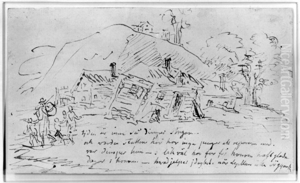 Landskap med ett par bondstugor Oil Painting by Elias Martin