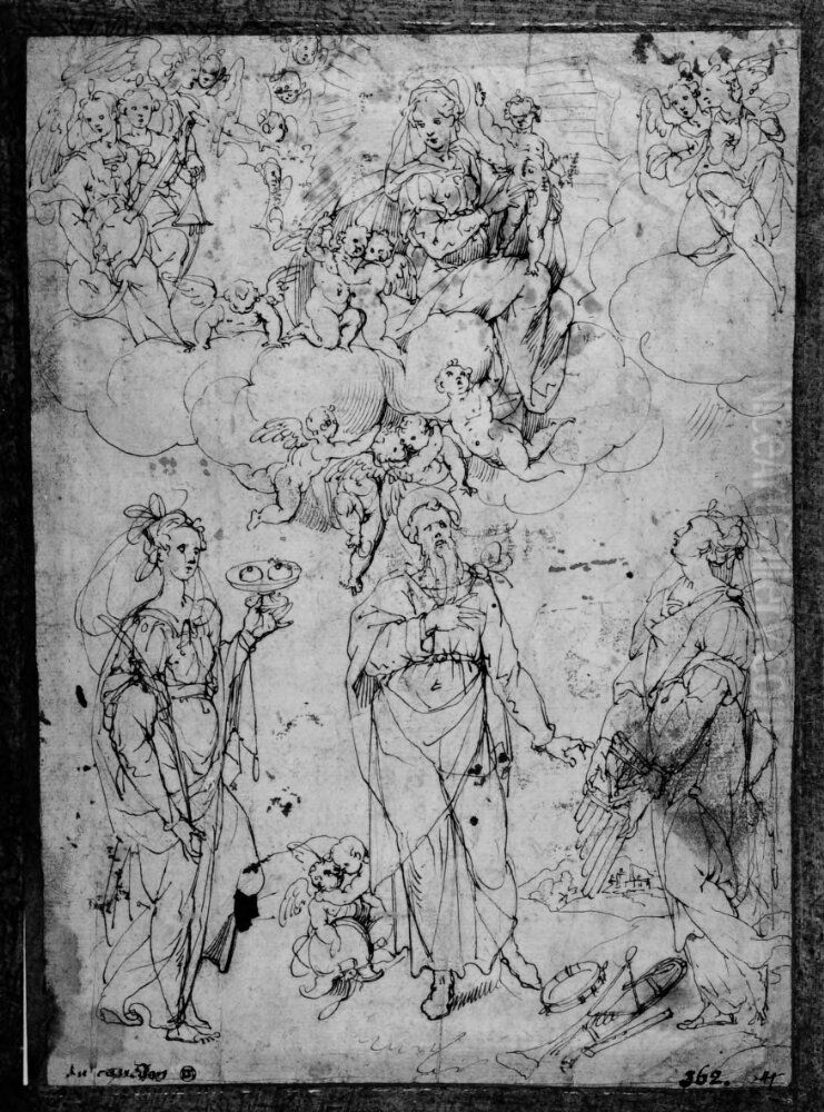 The Virgin with Child Hovering in the Sky, on the Ground St. Justine, a Male Hermit Saint and St. Cecilia Oil Painting by Cherubino Alberti