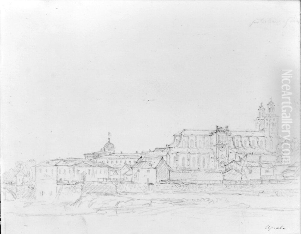 Uppsala, domkyrkan fran ostra Agatan vid fallet. Skissbok Oil Painting by Carl Johan Fahlcrantz