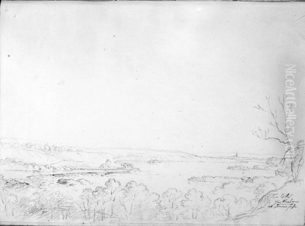 Tuna kyrka fran Hushagen och Domnarvsforsen. Skissbok Oil Painting by Carl Johan Fahlcrantz