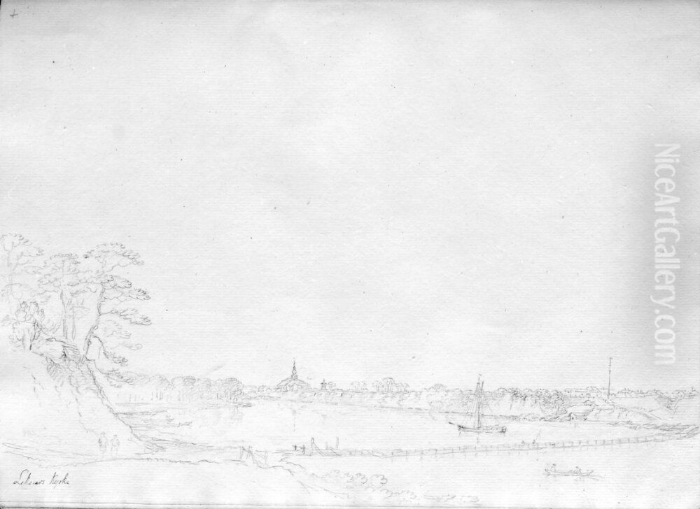 Leksands kyrka, fran flottbron. Skissbok Oil Painting by Carl Johan Fahlcrantz