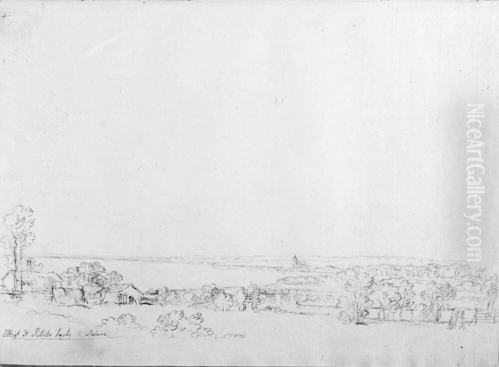 Utsikt at Rattviks kyrka, Dalarna. Till vanster ligger Siljan. Skissbok Oil Painting by Carl Johan Fahlcrantz