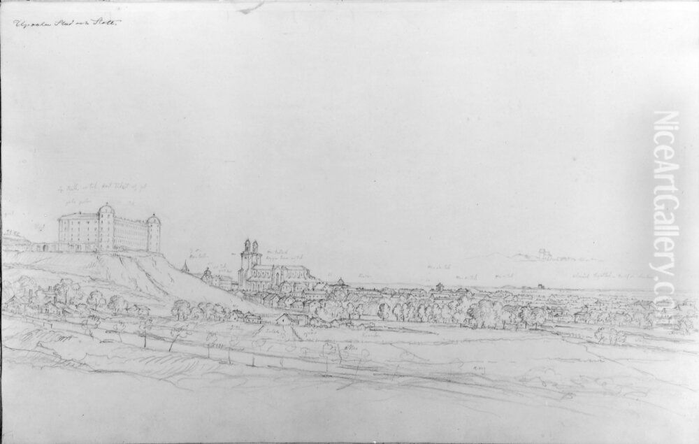 Uppsala stad och slott, fran soder. Skissbok Oil Painting by Carl Johan Fahlcrantz