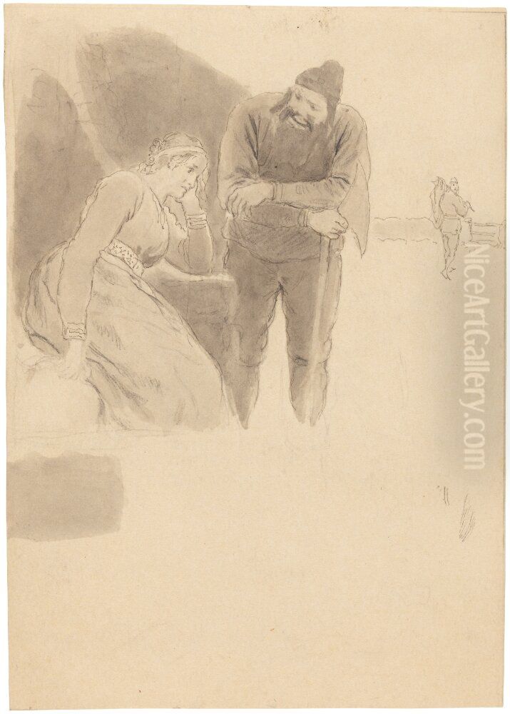 Sketch for Illustration, Njal's Saga Oil Painting by August Malmstrom