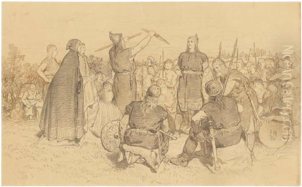 Illustration. Scene from the Thing, The Saga of Ragnar Lothbrok and his Sons Oil Painting by August Malmstrom