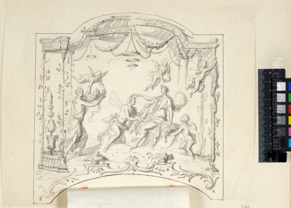 Draft for a Wall Panel with a Mythological Figural Scene within a Light Portico. A flap showing an alternative figural scene Oil Painting by Claude III Audran