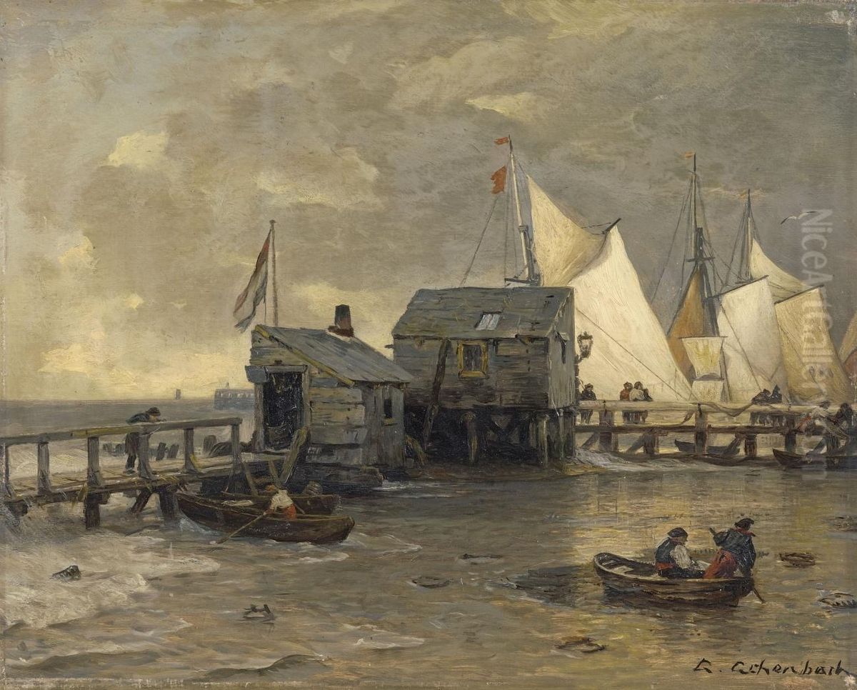 Bootssteg mit Segelbooten Oil Painting by Andreas Achenbach
