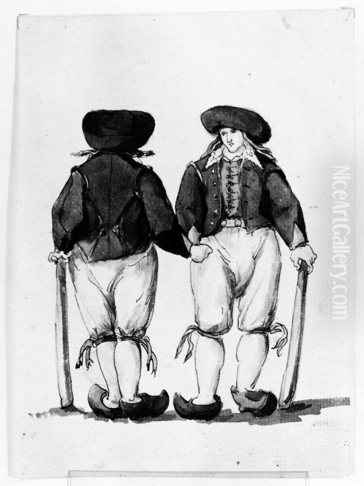 Skansk bonde sedd fran sidan, bakifran och framifran Oil Painting by Carl August Ehrensvard