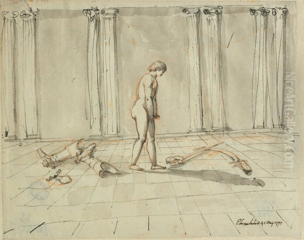 Staende naken manlig figur i ett grekiskt tempel Oil Painting by Carl August Ehrensvard