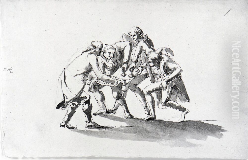 Fyra man kring ett papper Oil Painting by Carl August Ehrensvard