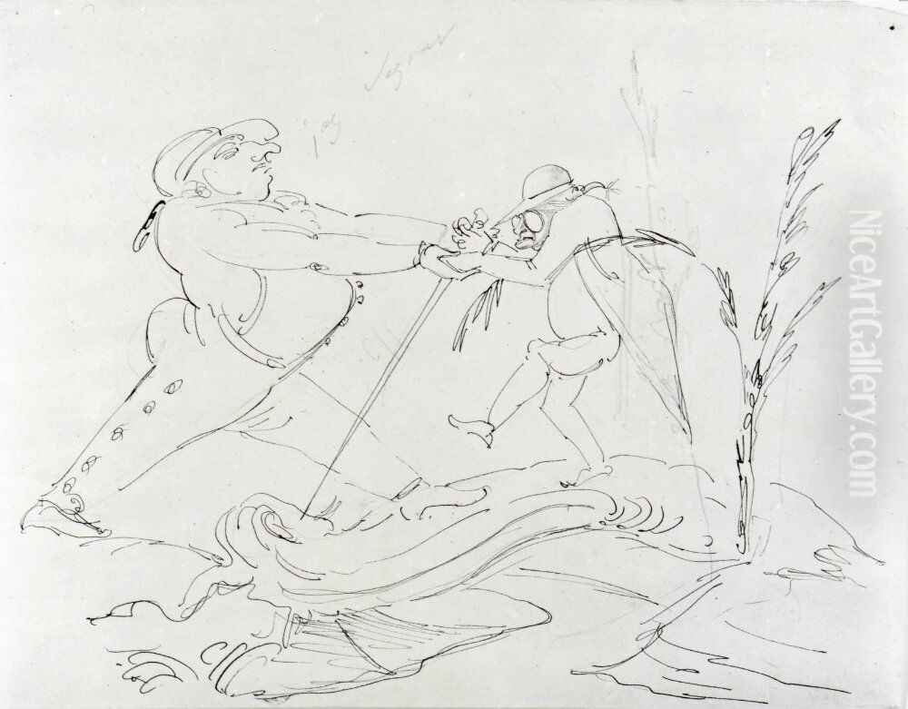 Sergel hjalper Ehrensvard over bron Oil Painting by Carl August Ehrensvard