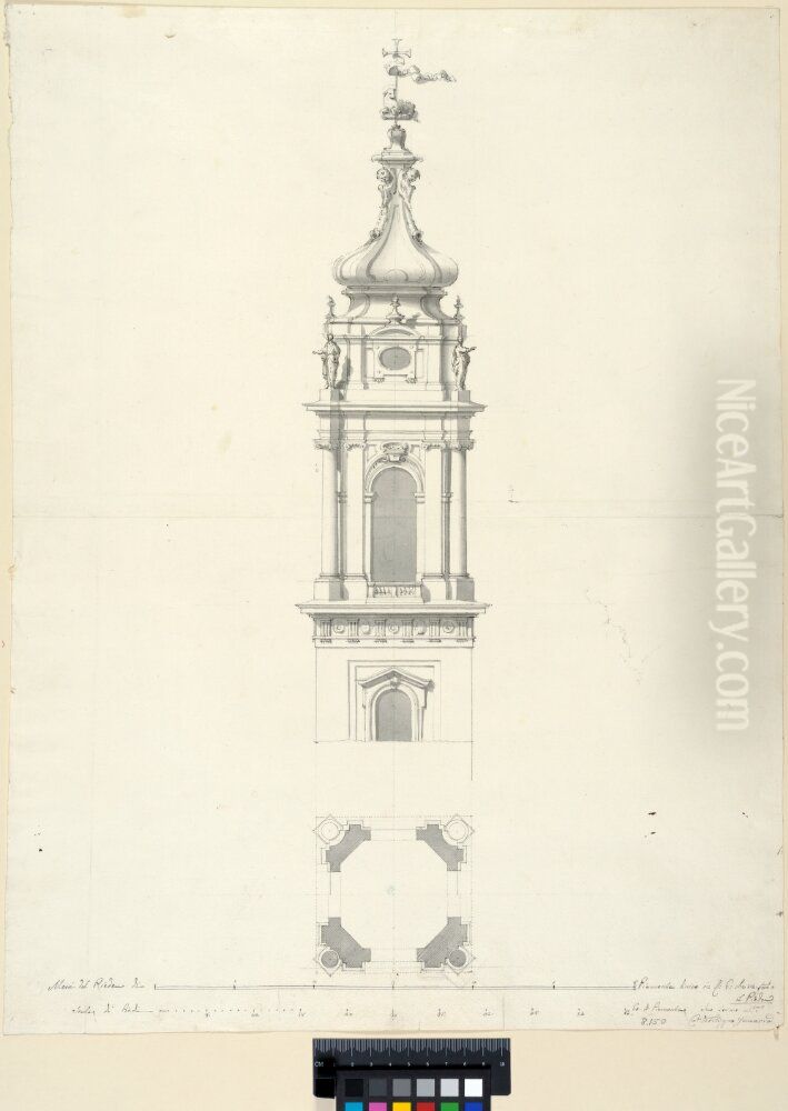 Ritning till ett kyrktorn kront med kors och ett lamm; elevation och plan Oil Painting by Filippo Juvarra