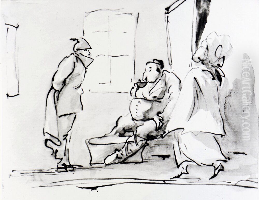 Tre personer i ett rum Oil Painting by Carl August Ehrensvard