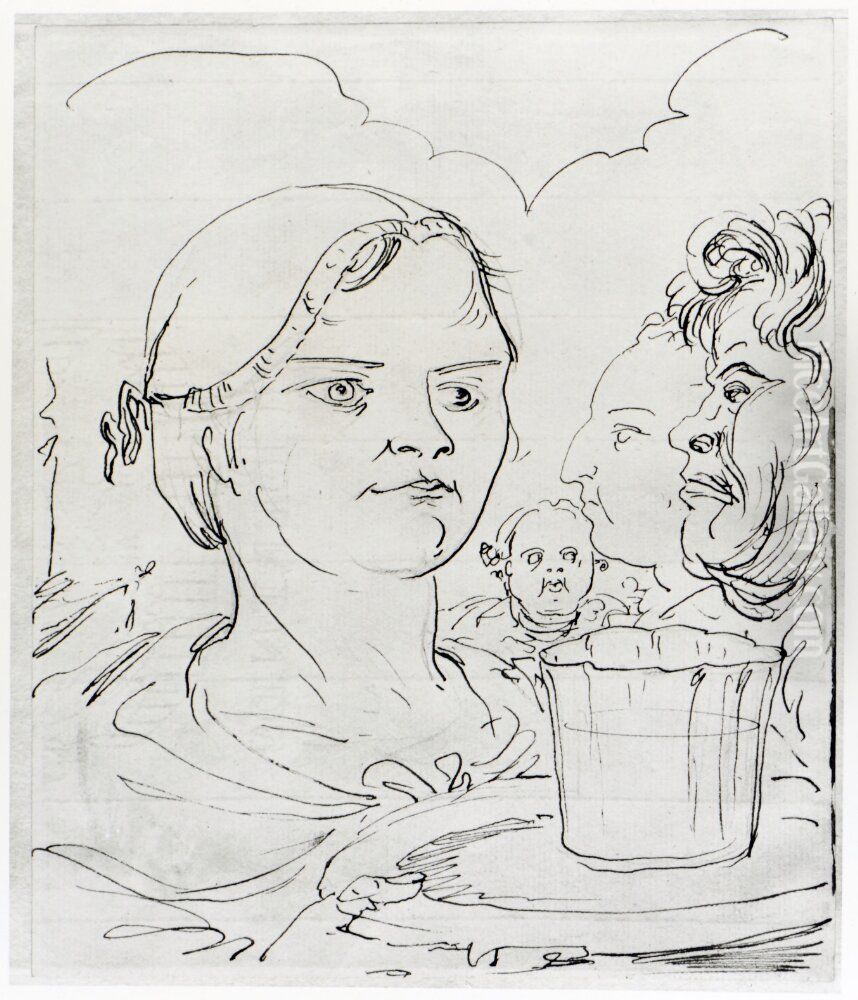 Serveringsflicka med glas och tre mansfysionomier Oil Painting by Carl August Ehrensvard