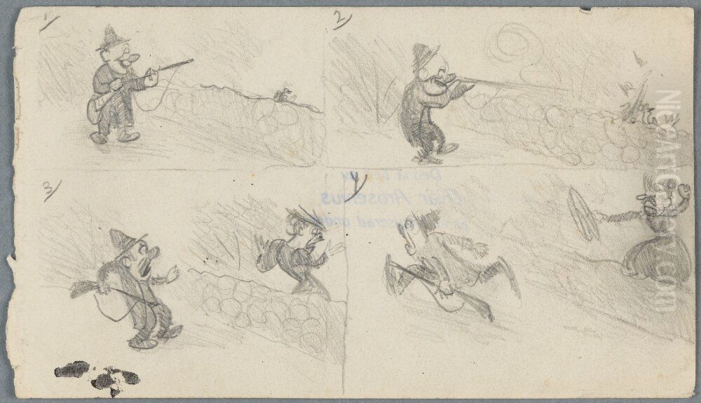 Skamtserie. Misslyckad fagelskytt Oil Painting by Ivar Arosenius