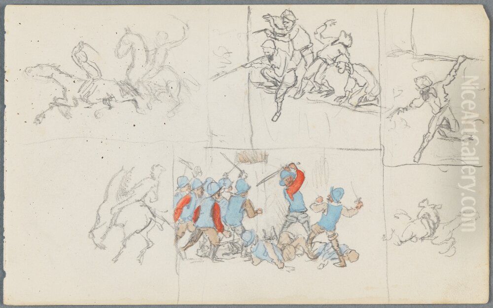 Strider mellan soldater till fots och till hast Oil Painting by Ivar Arosenius