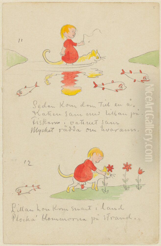 Lillans kattresa, sidan 5 Oil Painting by Ivar Arosenius