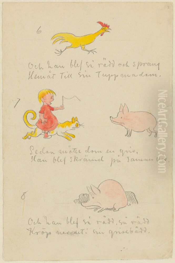 Lillans kattresa, sidan 3 Oil Painting by Ivar Arosenius