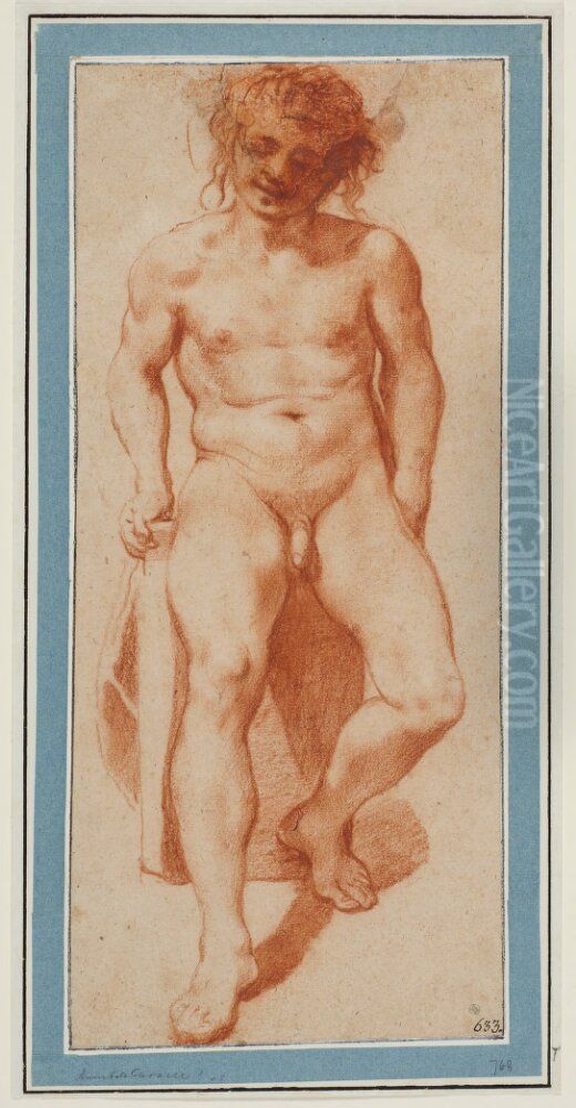 Nude Youth Seated on a Crate Viewed from Front Oil Painting by Pietro Faccini