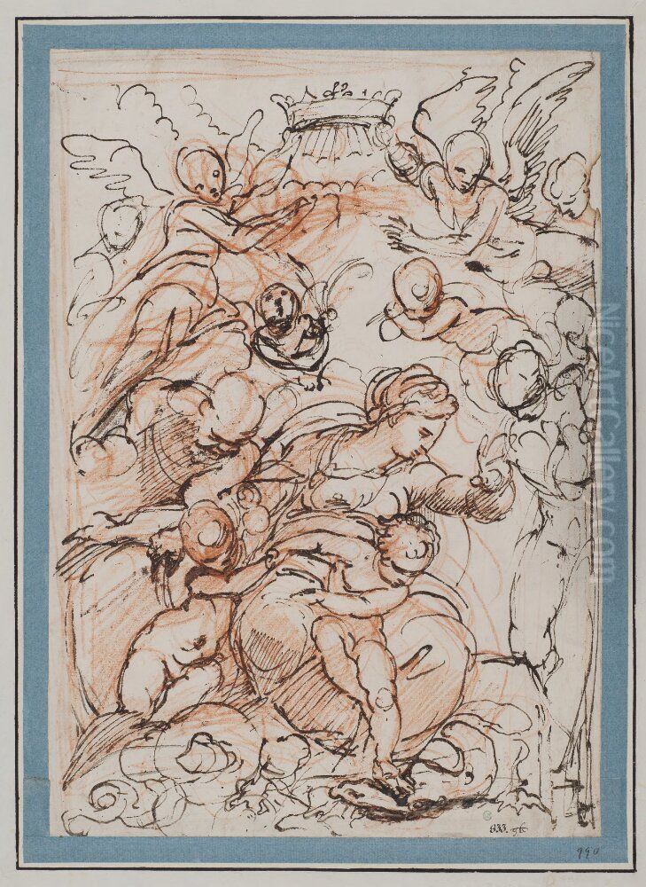 Madonna and Child with Little St John the Baptist and Joseph, Surrounded by Angels Oil Painting by Annibale Carracci