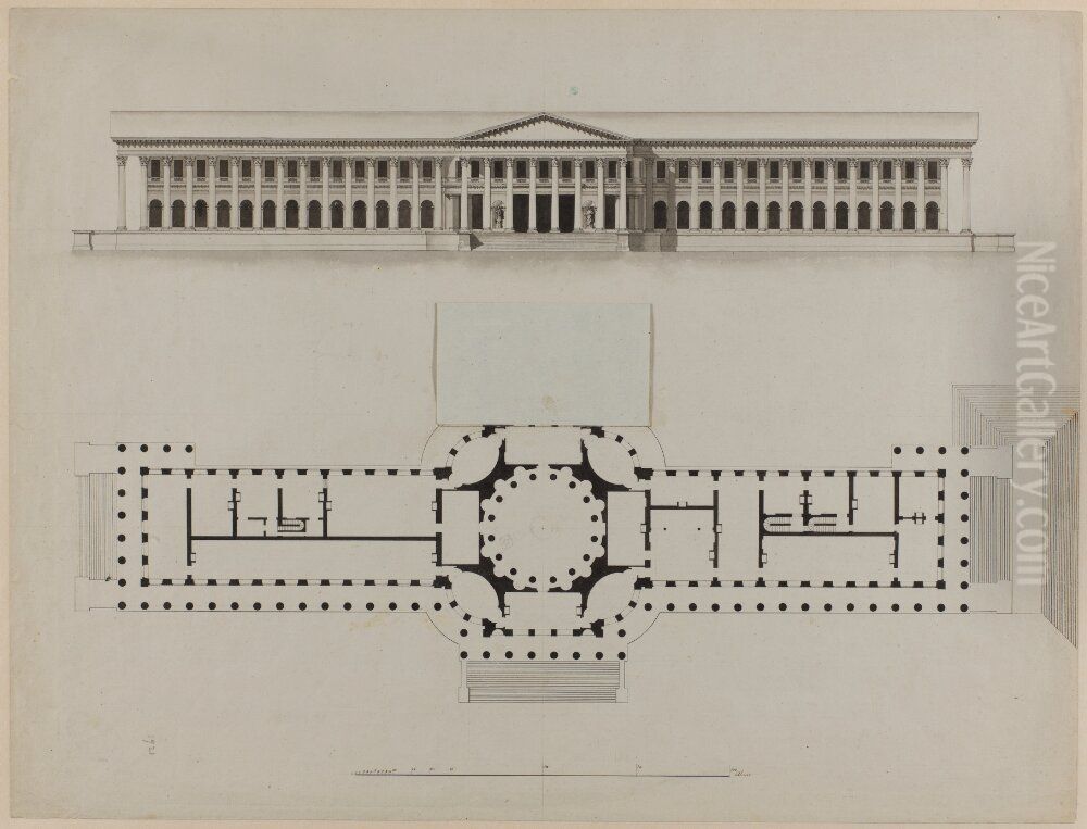 Draft for the Addition of a Monumental Stairwell at North. Facade and Plan Oil Painting by Louis Jean Desprez