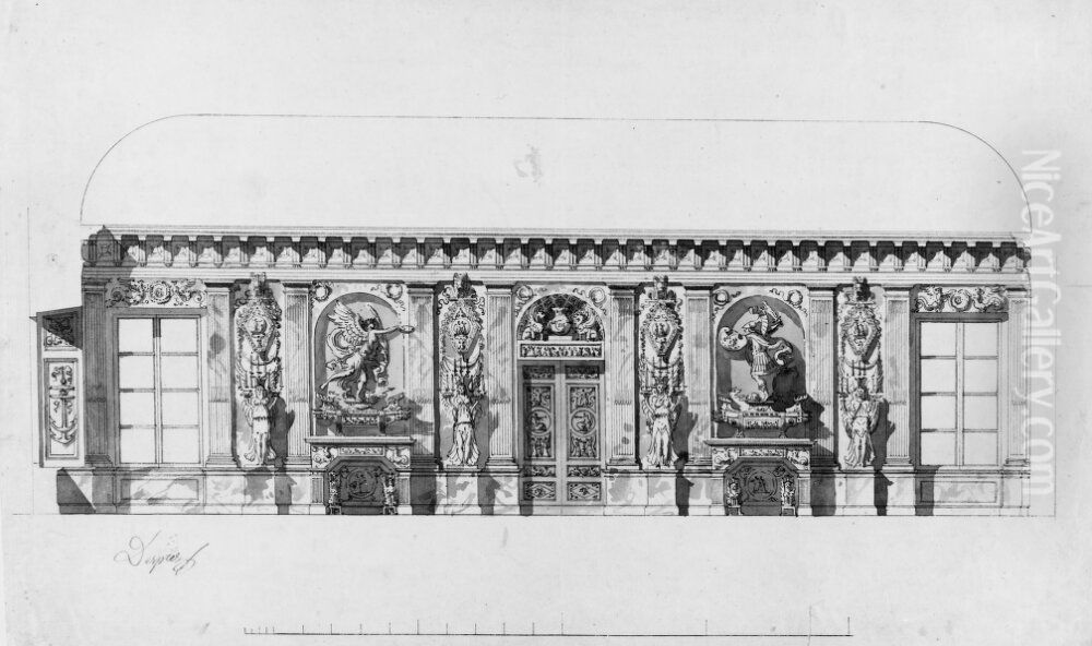 Bataljgalleriet pa Drottningholm. Forslag till ena langvaggen Oil Painting by Louis Jean Desprez