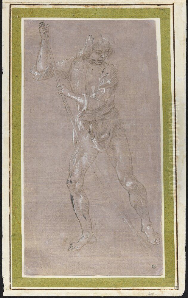 Standing Half-dressed Youth Straddling and Holding a Long Staff Oil Painting by Filippino Lippi