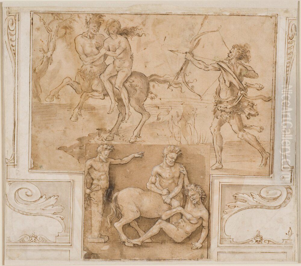 Hercules, Nessus and Deianera. Herm pointing to Priapus in combat with a centaur Oil Painting by Filippino Lippi