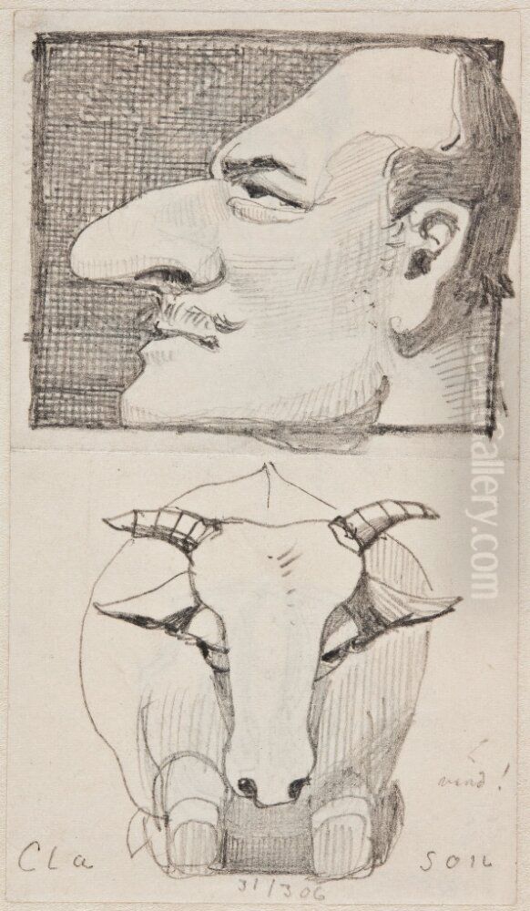Manshuvud i profil, karikatyr, samt oxe en face Oil Painting by Isak Gustaf Clason