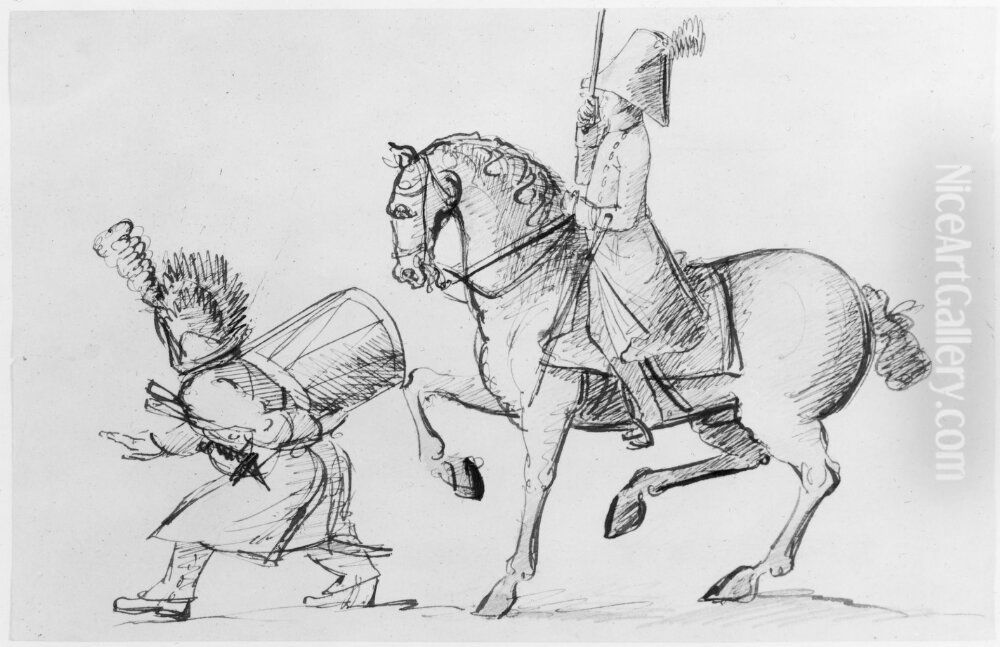 Trumslagare foljd av skyldrande officer till hast Oil Painting by Per Otto Adelborg