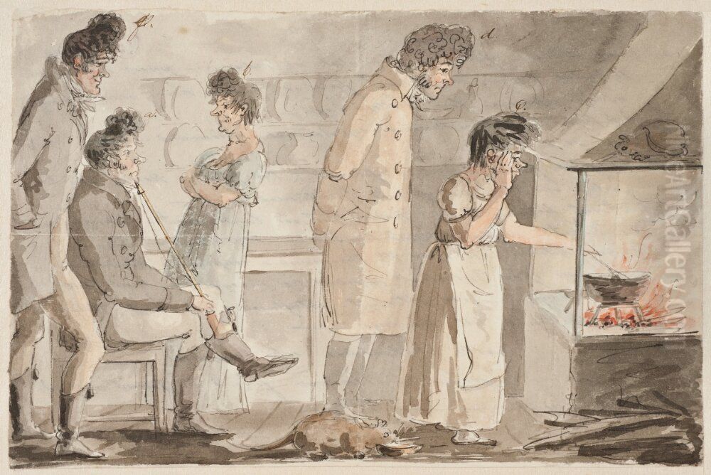 Inkvartering i Ranum ar 1813. Interior med fem personer kring spisen Oil Painting by Per Otto Adelborg