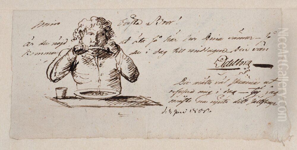 Man som gnager pa ett ben. Middagsinvitation den 3 juni 1808 Oil Painting by Per Otto Adelborg