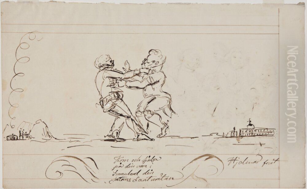 Karikatyr forestallande Morner dragande en motspanstig van fran huvudstadens nojen Oil Painting by Hjalmar Morner