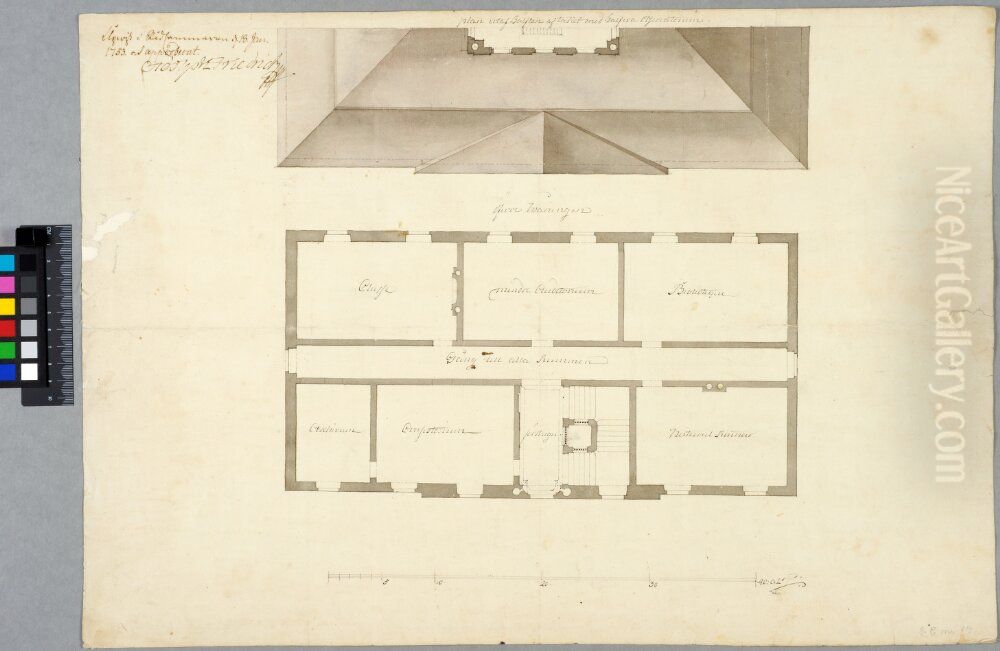 Design for a School Building in Karlstad. First floor plan and roof plan with the observatory Oil Painting by Carl Harleman