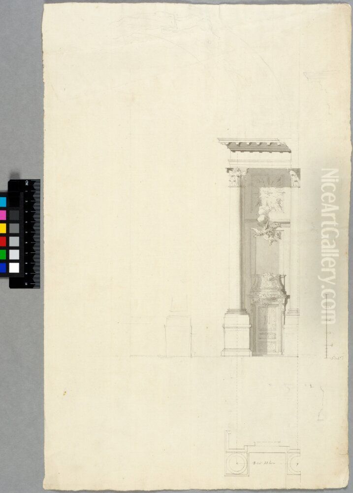 Draft for the south side of the choir wall of the Royal Chapel, Stockholm. Elevation and plan Oil Painting by Carl Harleman