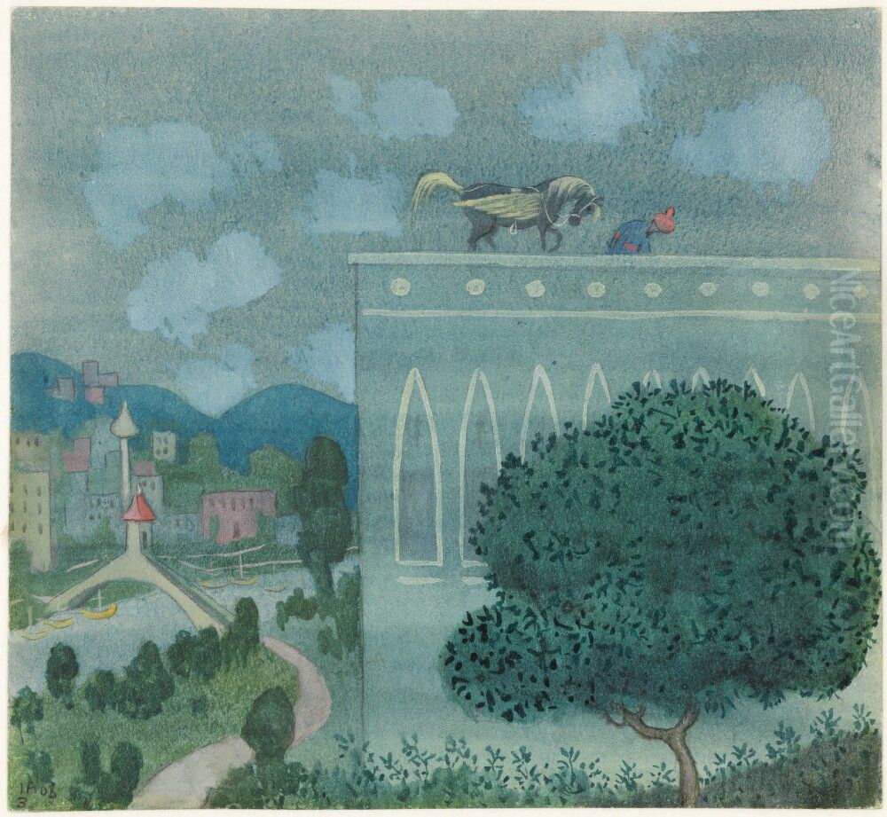 Ben Onis drom. Serie om 8 akvareller. 3, Vid midnattstid landar vinghasten pa taket till kalifens slott Oil Painting by Ivar Arosenius