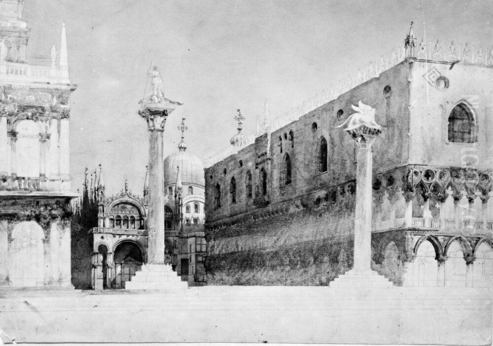 Piazettan med Dogepalatset, de tva kolonnerna och San Markuskyrkan sedd fran Canal Grande, Venedig Oil Painting by Fredrik Wilhelm Scholander