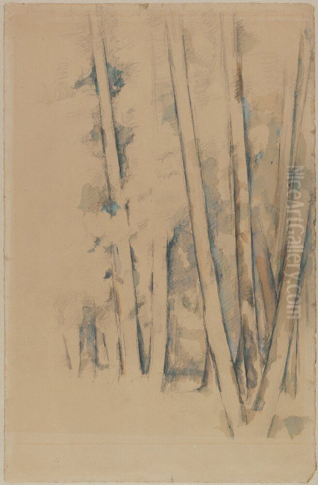 V-formad tradgrupp Oil Painting by Paul Cezanne