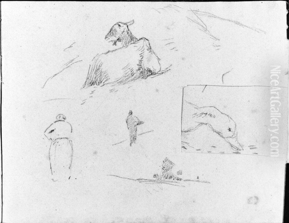 Liggande get, gaende gestalter. Blad 27 i skissbok om 36 blad Oil Painting by Paul Gauguin