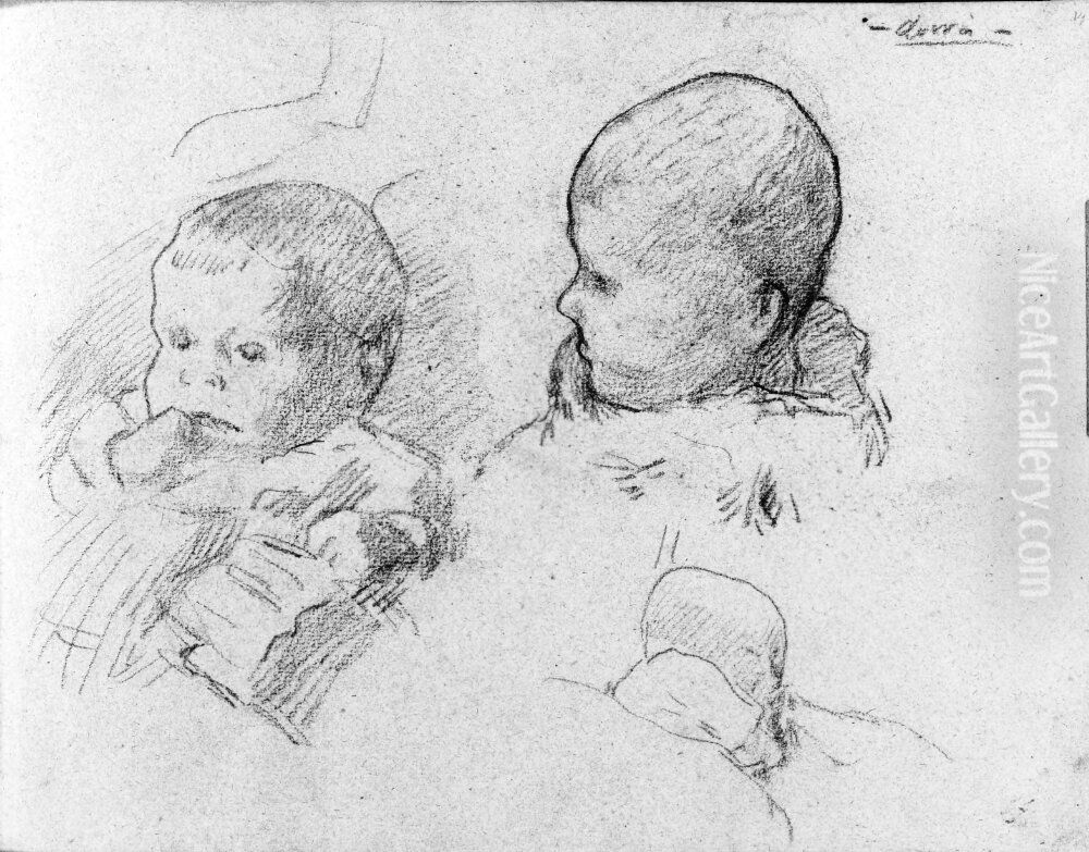 Studier av barnhuvud. Blad 14 recto i skissbok om 36 blad Oil Painting by Paul Gauguin