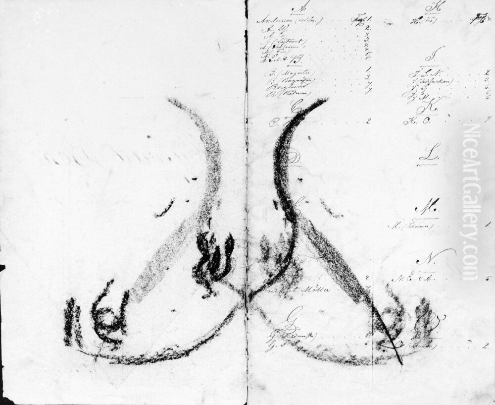 Huvudboken, nio teckningar forestallande detaljer av staende och liggande kvinnor, torsos samt i ett landskap och ett trad Oil Painting by Carl Fredrik Hill