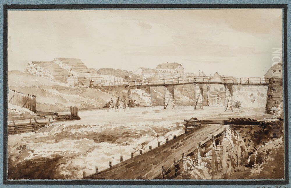 Agger Alven. Bro, brygga och timmerupplag Oil Painting by Johan August Anckarsvard