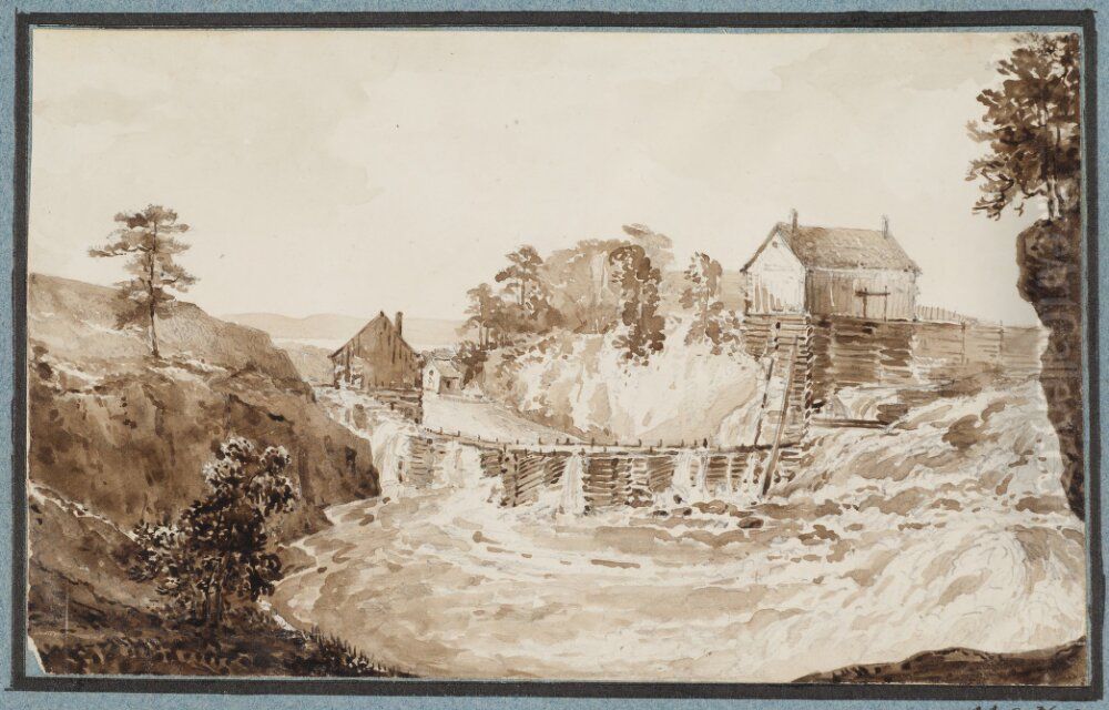 Agger Alven. Dammanlaggning och tva timmerhus Oil Painting by Johan August Anckarsvard