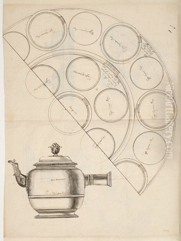 Silver. Forslag till assietter for konungen och en tekanna for hertigen Daumont Oil Painting by Nicolas De Launay
